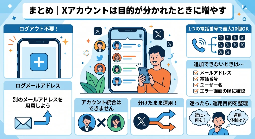 8. まとめ｜Xアカウントは目的が分かれたときに増やす