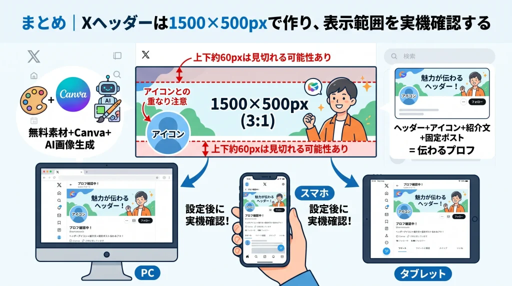 8. まとめ｜Xヘッダーは1500×500pxで作り、表示範囲を実機確認する