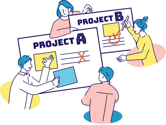 資料を共有しながら戦略を検討するメンバーのイラスト