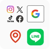 google、googleマップ、LINE、他複数のSNSのアイコン