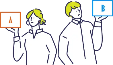 AとBの選択肢を掲げる2人のスタッフのイラスト
