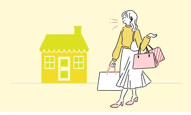 店舗と買い物客を描いた、地図検索による来店をイメージしたイラスト