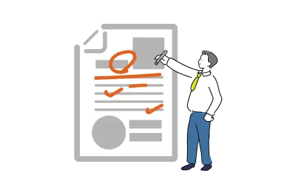 チェックリストのレポートを指し示して優先度を決める人物のイラスト