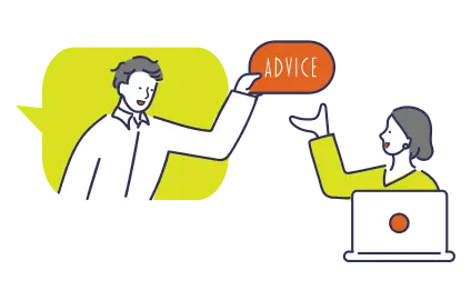 ADVICE吹き出しで運用を支援する人物同士のイラスト