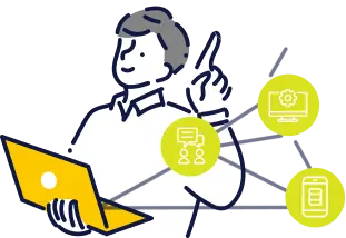 ノートPCを持つ男性とSNS運用の各種アイコン